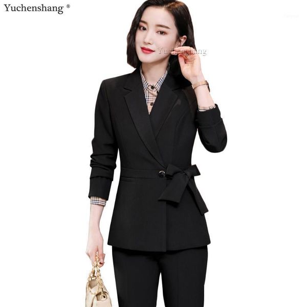 

s-4xl elegant ladies pant suits with bow women blazer and trousers black purple blue 2 piece set for l office work wear1, White