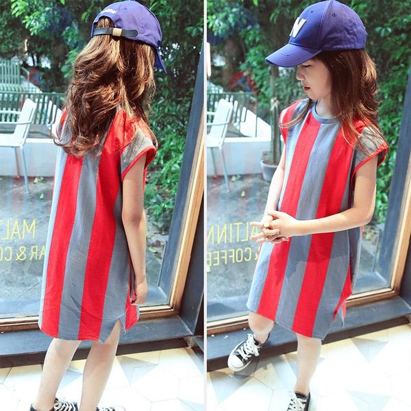 

618crew neck girls dresses nngz summer 5 to 14 pocket kids a-line party dresses casual stripe cotton girls, Red;yellow