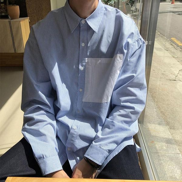 

men korea japan streetwear casual loose stripe long sleeve shirts male vintage fashion youth shirts1, White;black