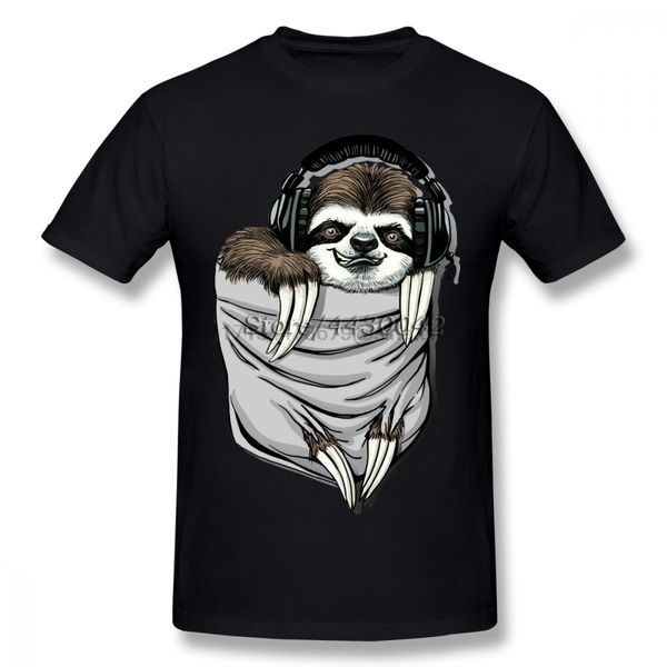 

music headset sloth pocket t-shirt for men plus size cotton team tee shirt 4xl 5xl 6xl camiseta sport hooded sweatshirt hoodie