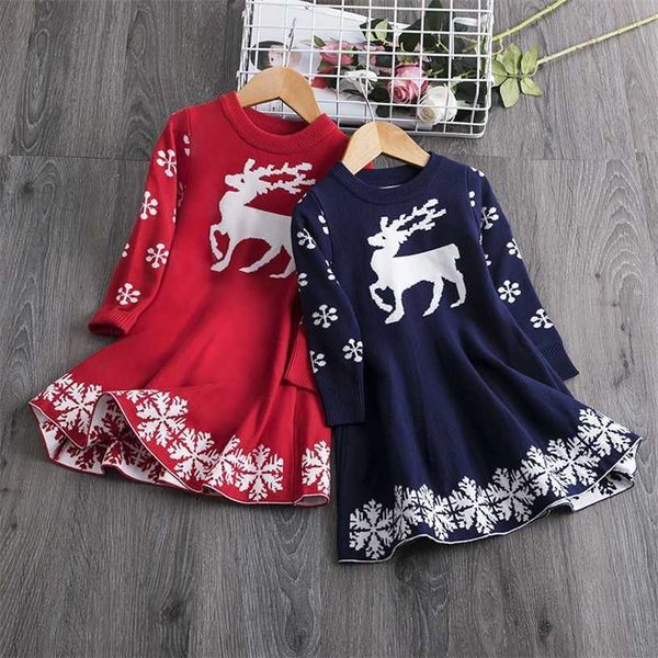 Meninas Camisola de Natal Vestido Inverno de Manga Longa Malha Quente Cervos De Snowflake Impresso Crianças Crianças Festa de Partido 211231