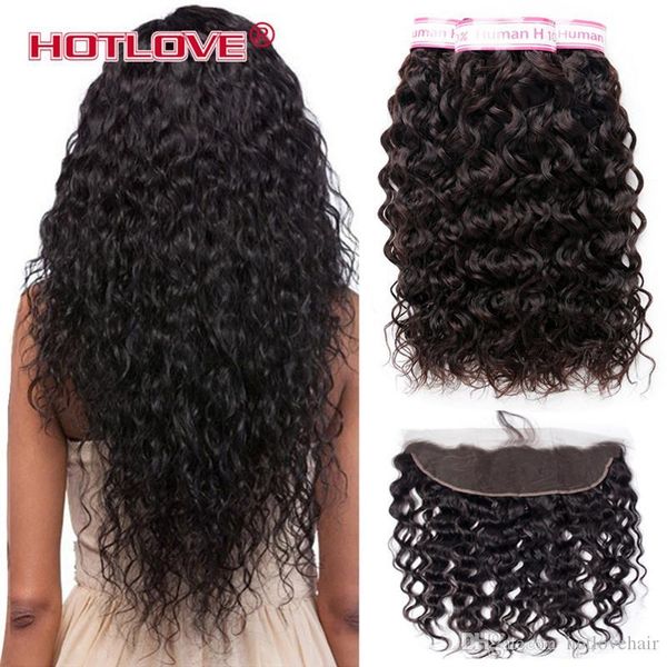 

malaysian water wave bundles with lace frontal closure 13*4 inch malaysian virgin hair water wave human hair 3 bundles hair with frontal, Black;brown