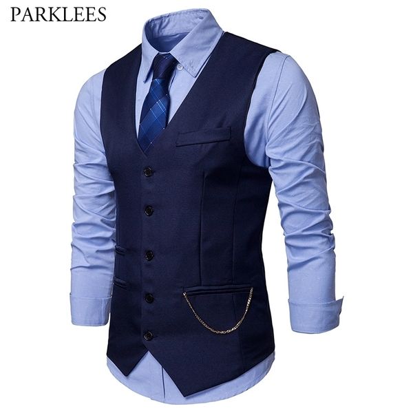 

mens slim fit single breasted suit vest chaleco hombre fashion chain sleeveless waistcoat men formal wedding dress vests 201123, Black;white