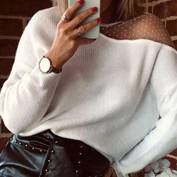 

women autumn blouse sheer see through o neck long sleeve pullover sweater, White;black