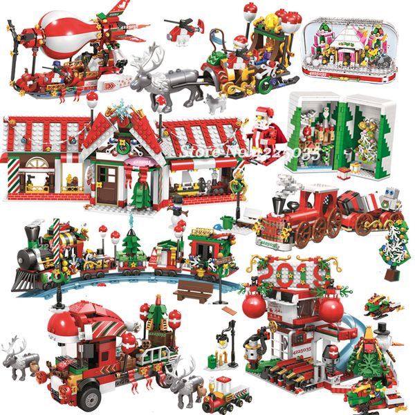 

winter christmas train city house village creator santa gift set building blocks city street view architecture bricks kids toys