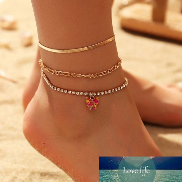Colore oro Semplice catena di cristallo Cavigliera Temperamento Farfalla Fascino Cavigliera Accessori da spiaggia Gioielli per piedi