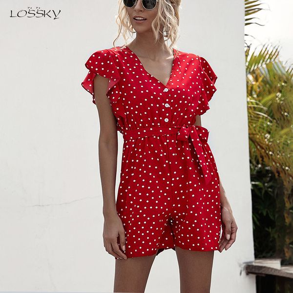 Pagliaccetti estivi Tuta da donna Casual Ruffle Abbigliamento manica corta One Piece Abiti da spiaggia Cintura 2020 Abiti rossi Tuta da donna T200704