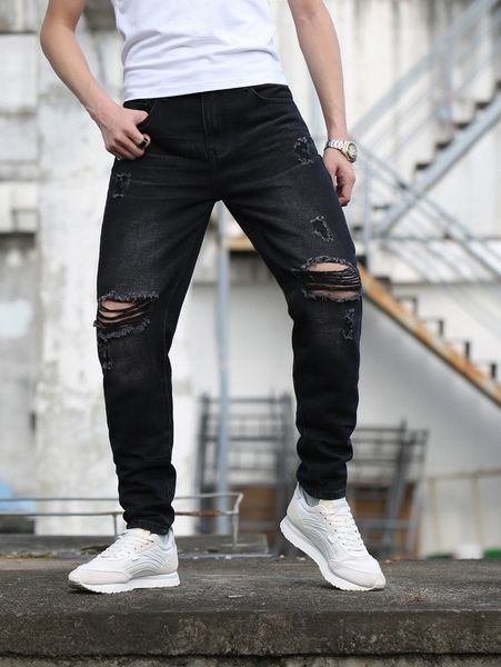 

men washed distressed tapered jeans a8ty#, Blue