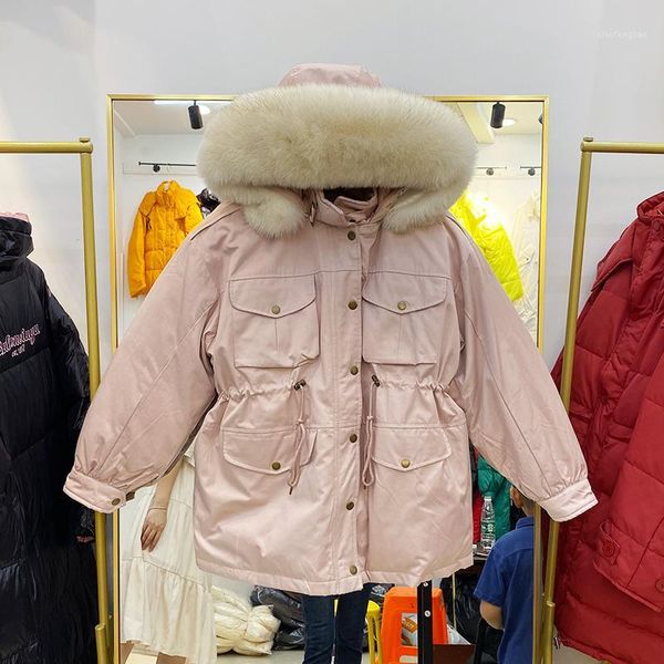 

2020 new real fur collar down jackets women white duck down coat sash korean hooded parka oversized thick female warm outwear1, Black