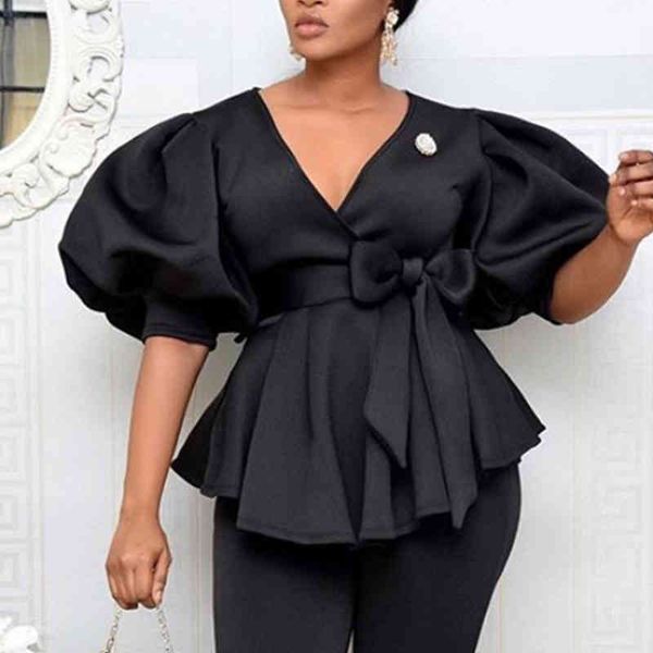 

Women's Polos Women Blouses V Neck Short Lantern Sleeve with Sashes Peplum Ruffles Big Size XXL Elegant Office Lady Work Shirt Female Blusas 1TED, White
