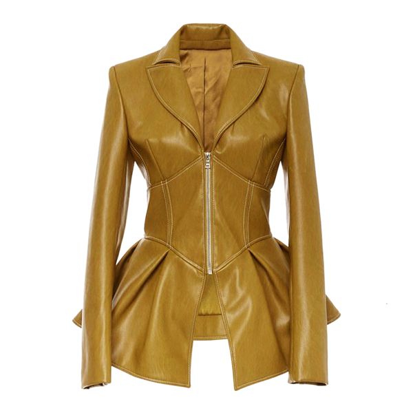 

oeak 2020 new turn-down collar full sleeves high waist zippers short pu leather jacket autumn and winter coat