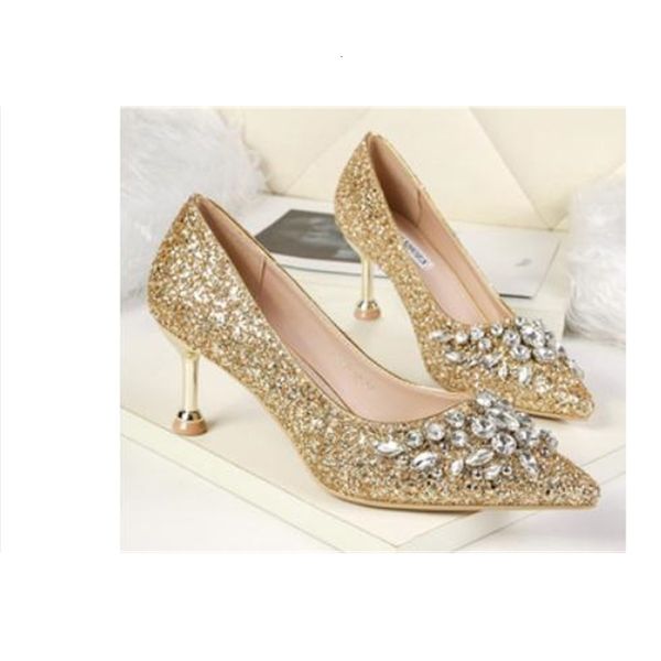 

2021 women's shoes in spring and autumn new style fine heel pointed end sequined cloth water drill @76 ms92, Black