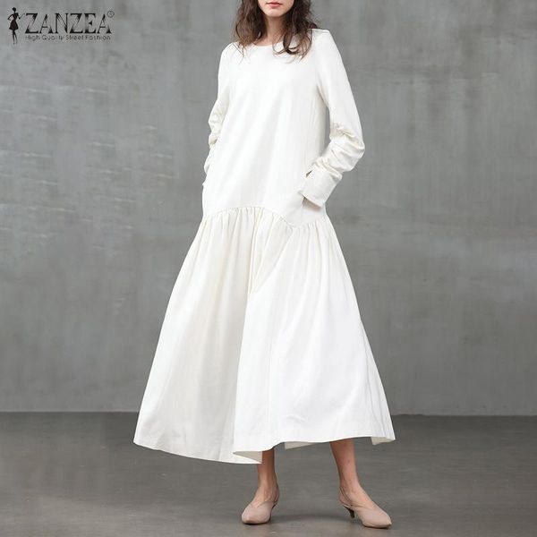 

plus size vintage solid high waist dress women's spring sundress zanzea 2021 casual long sleeve maxi vestidos female o neck robe, Black;gray