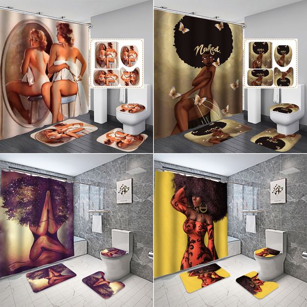 

bathing lady bathroom shower curtain and rug sets african women girl bath curtains with hooks non-slip rugs home decor