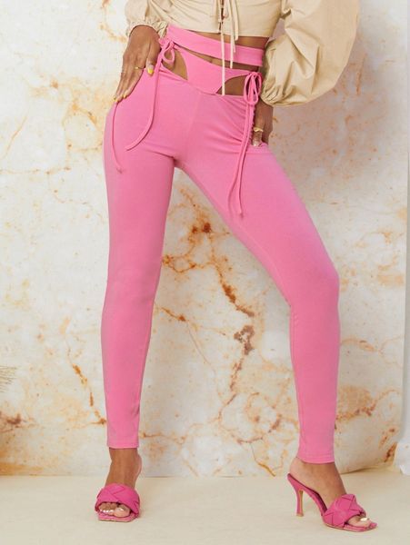 

knot front cutout skinny pants y2nm#, Black;white
