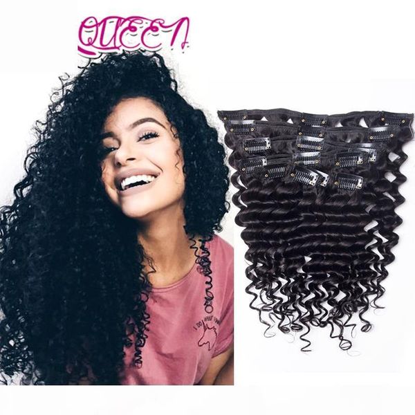 

7pcs set indian hair deep wave 140g human hair extension unprocesse deep wave 10-28inch clips double weft indian hair extension, Black;brown