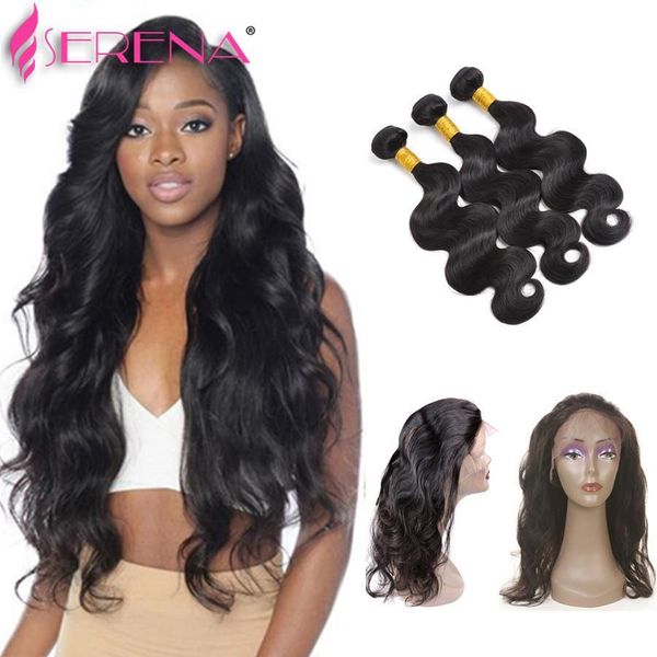 

pre plucked 360 lace frontal with bundles brazilian body wave virgin hair 7a human hair wefts 360 lace band with baby hair wavy, Black;brown
