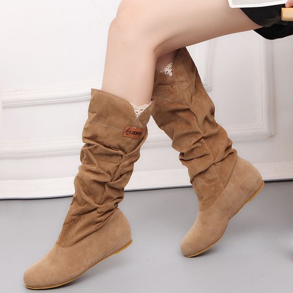 

women fur knee high fashion flock plush padded winter snow casual flat heels lace warm black brown long boots ladies