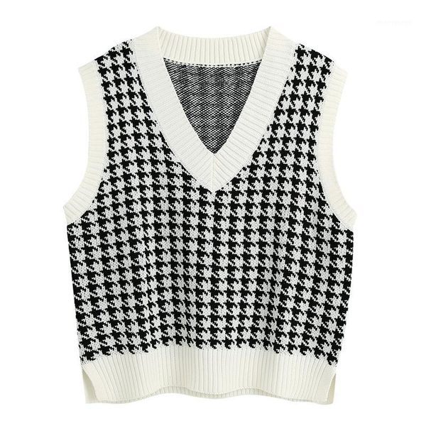 

women's vests hadara casual loose sweaters women fashion houndstooth sweater elegant v neck sleeveless female ladies hx1, Black;white