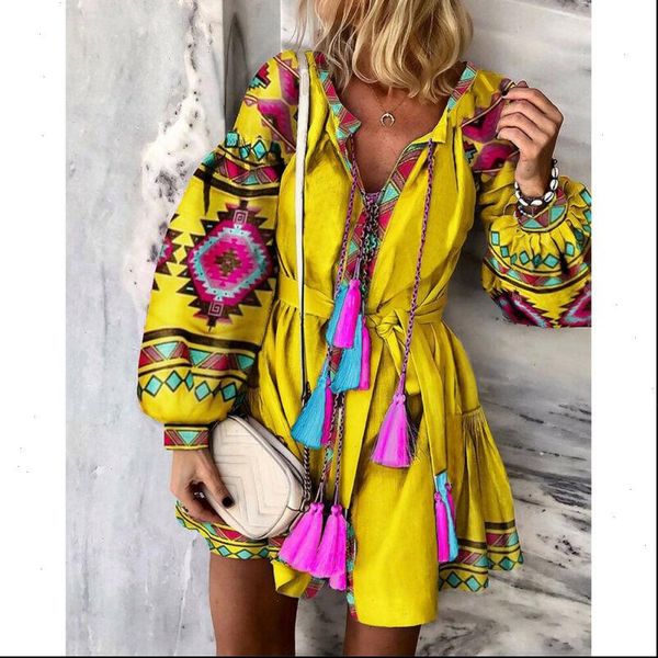 

2021 vintage autumn women dress boho floral print long sleeve short dress loose v neck tassel lantern sleeve holiday party dress, Black;gray