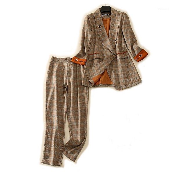 

new women blazer two piece sets long sleeve blazer coat straight leg pants office lady plaid print suit two piece set p1501, White