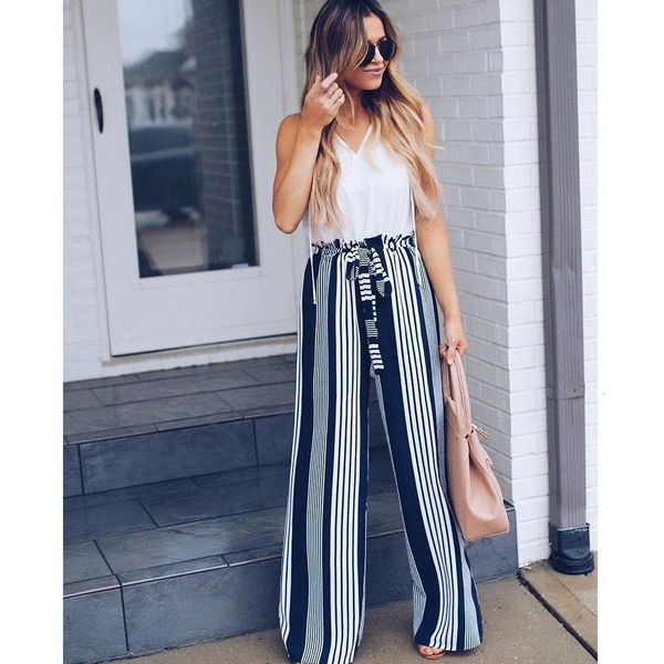 

fashion summer wide leg lace up pants women high waist striped loose palazzo pants elegant office ladies trousers, Black;white