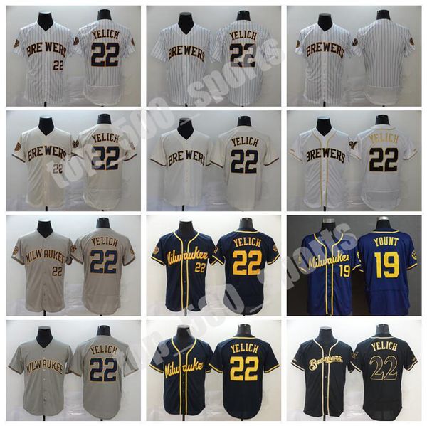 

2020 men baseball 22 christian yelich jersey 19 robin yount flexbase pinstripe cool base navy blue white grey all stitched good quality, Blue;black