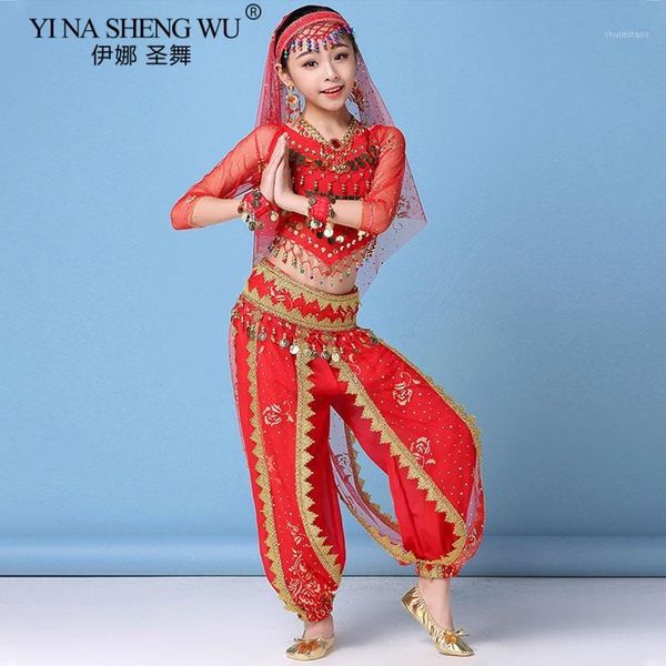 

children bollywood belly dance costume set sari girls dance performance chiffon outfit children costumes set1, Black;red