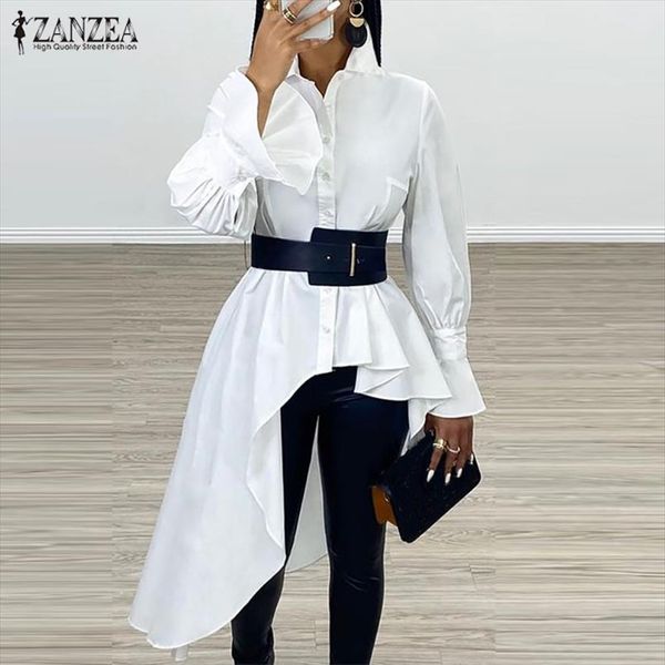 

womens asymmetrical blouse 2020 zanzea elegant flouce sleeve shirts casual button down blusa female lapel tunic oversized 7, White