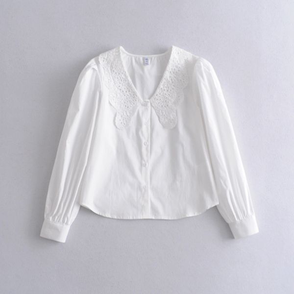 

2021 new elegant women embroidery lace shirts fashion ladies hollow out down collar sweet female puff sleeve blouse din7, White