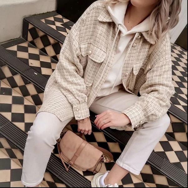 

tweed women pearl button shirts 2021 autumn fashion ladies oversize thick shirt streetwear female outfits cute girls chic shirts, White