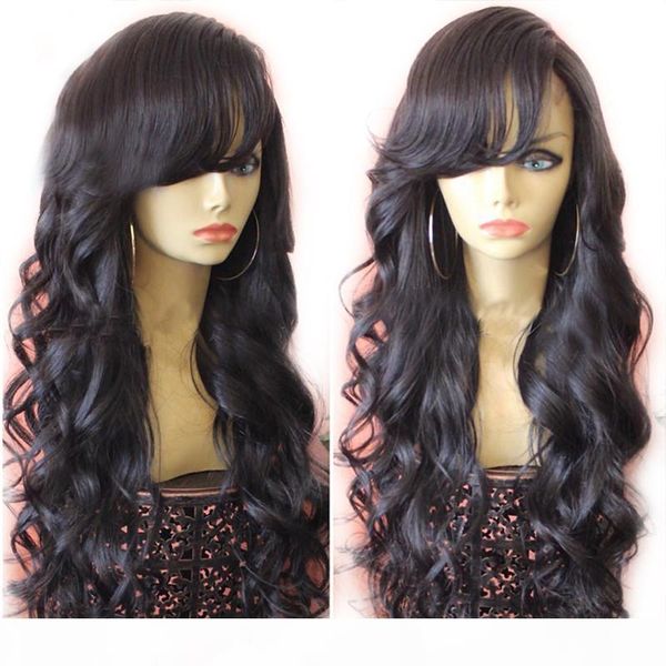 

silk human hair wig with bangs glueless brazilian body wave wigs with bangs 150% density remy hair wigs for black women, Black;brown