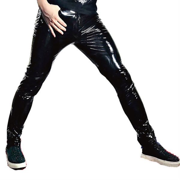 

black red stretch skinny men motorcycle leather trousers fashion rock hip hop singer pu pencil pants stage clothes spring autumn