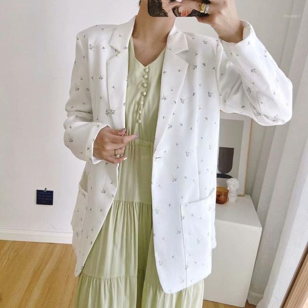 

office workwear fresh ditsy floral print long sleeve blaser women suit jacket pockets patched all-match blazer female clothing1, White;black