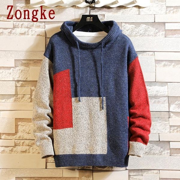 

zongke hooded knitted sweater men clothing harajuku sweaters pullover men sweater fashion mens clothes -2xl 20201, White;black