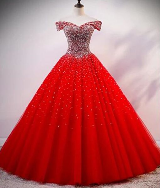 Neue rote Quinceanera-Kleider, Ballkleid, Tüll, Perlenapplikationen, Sweet-16-Kleider, Übergröße, lange formelle Abendkleider, Abschlussball-Party-Kleider QC1558