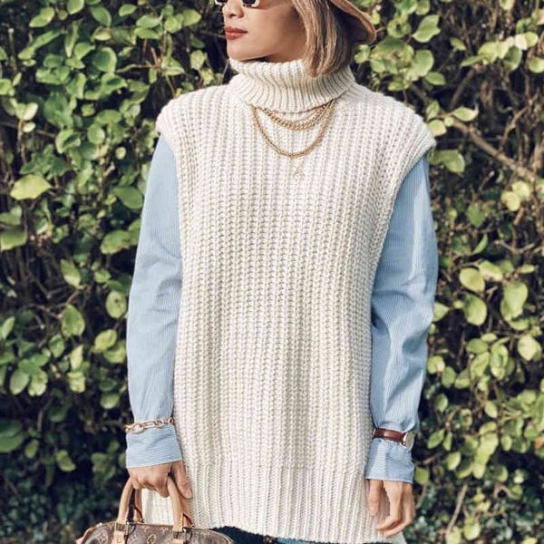 

women's knits & tees vinatge woman loose basic turtleneck knitted vest autumn winter fashion ladies oversized thick tank female ch, White