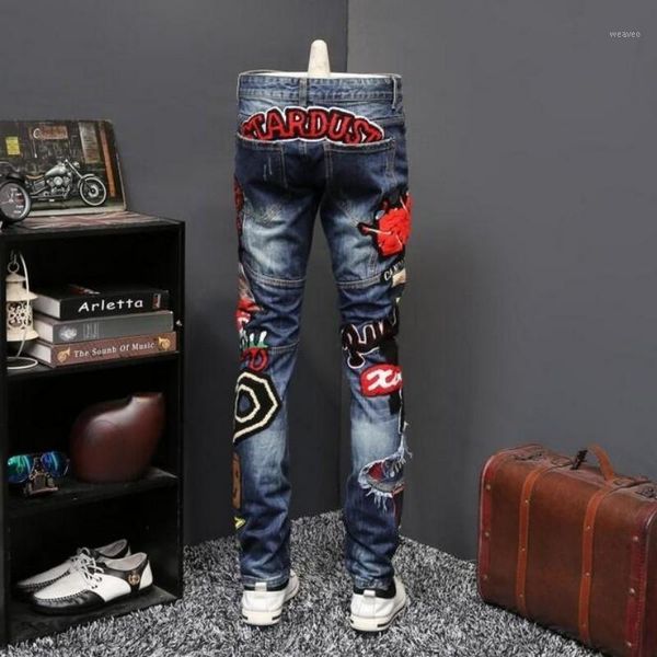 

embrodiery heavy wormanship jeans new designer pants nightclub party jeans men trousers slim fit1, Blue