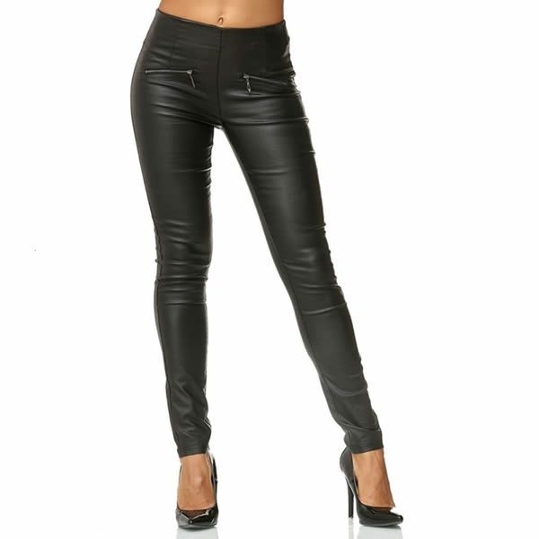

2021 new brand leather high waist ny pencil black pu slim fit streetwear trousers women sequin pants v267, Black;white