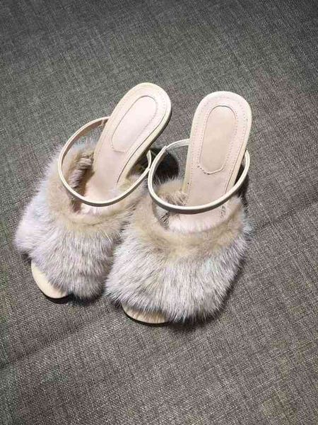 

women slippers cowskin 10cm metal high heels abnormal heel scuffs genuine leather mink hair peep-toe sandals casual shoes slipper size, Black