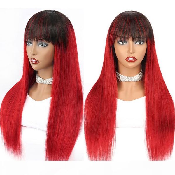 

red colored wig full machine made natural human hair brazilian remy glueless wigs with bangs for black women red ombre straight non lace wig, Black;brown