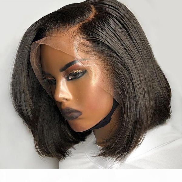 

180% full density lace front human hair wigs for black women 13x4 short bob wig remy natural pre plucked bleached knotsfaa, Black;brown