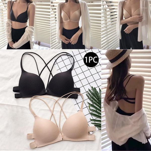

women back beautify ladies front closure wire fashion bra padded lingerie bralette gather push up #51, Red;black