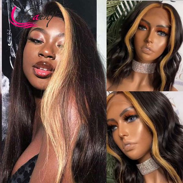 

lace wigs 13x6 hd frontal human hair highlight natural color honey blonde body wave bob pre pluck glueless bleached knots, Black;brown