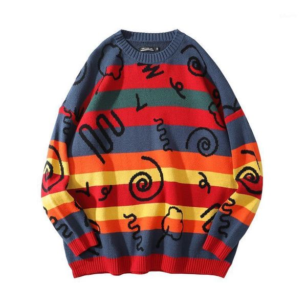 

#6778 sweater men pullover oversize hip hop sweater streetwear harajuku rainbow striped men loose graffiti letter1, White;black