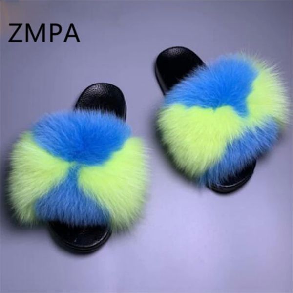 

kids/children's real fox fur slides women's raccoon furry slides ladies fluffy sandals indoor plush shoes beach fur flip flops #zw, Black