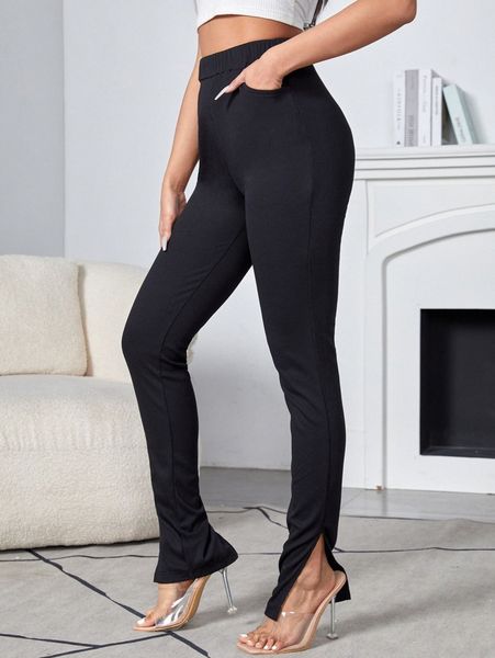 

slant pockets slit hem skinny pants i2cx#, Black;white