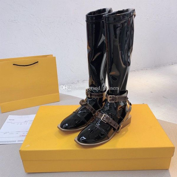 

2021 knee boots 100% cowhide high heel letter boots woman high shoes designer ladies platform shoes zipper leather fashion bare boots, Black