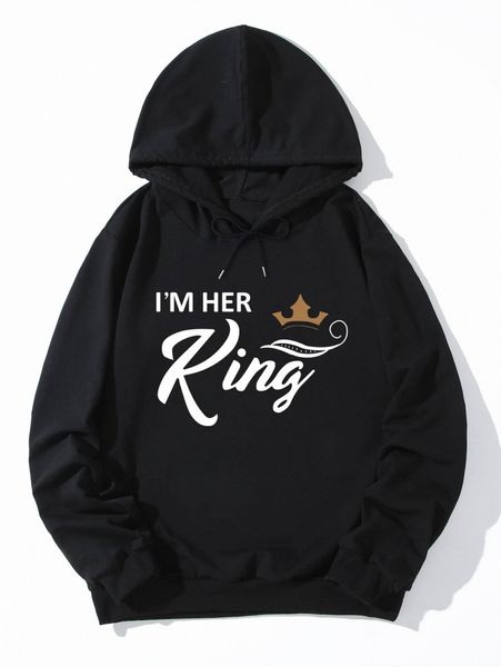 

men crown and slogan print drawstring hoodie i7ss#, Black