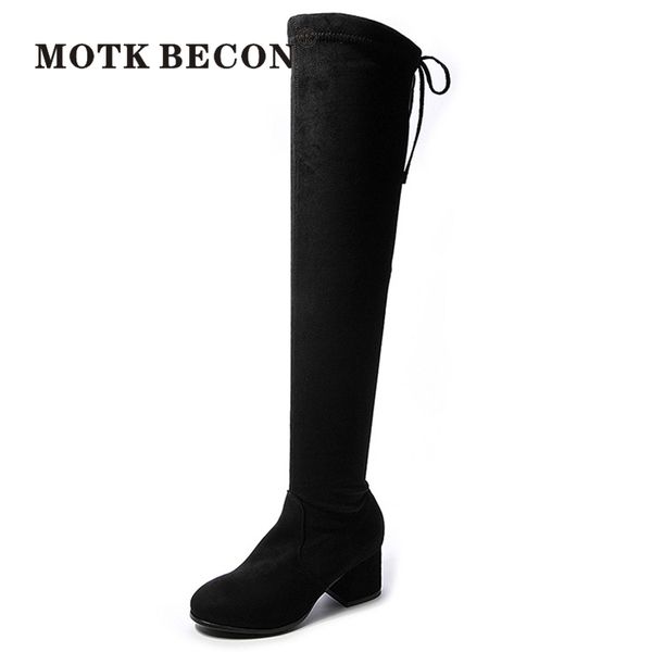 

plus size 43 over the knee boots suede leather women shoes stretch long slim boots winter warm plush block beels booties b49, Black